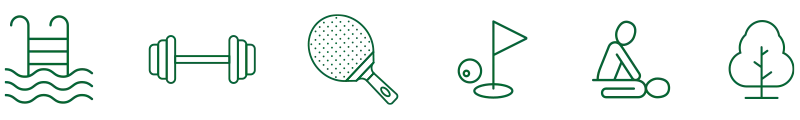 Iconos de actividades: piscina, gimnasio, pádel, golf, yoga y naturaleza